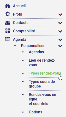 Menu, Agenda, Personnaliser, Types rendez-vous